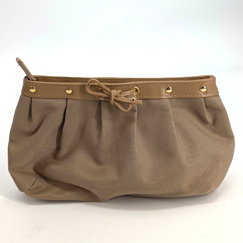 Yves Saint Laurent Parfums Tan Canvas Pleated Clutch Studded Bow Bag